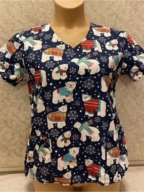 Women’s Navy Polar Bear Winter Print V-Neck Scrub Top